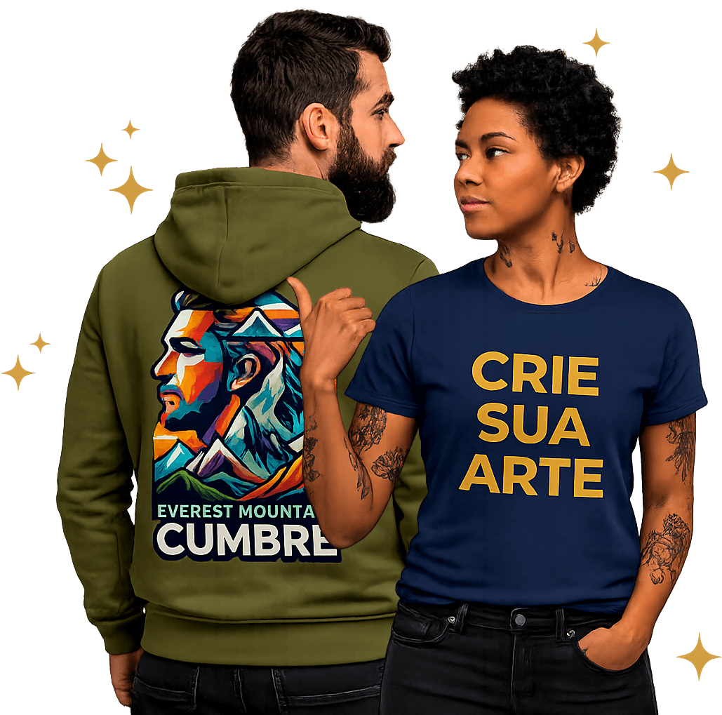 Casal vestindo camiseta e moletom personalizados com estampa DTF